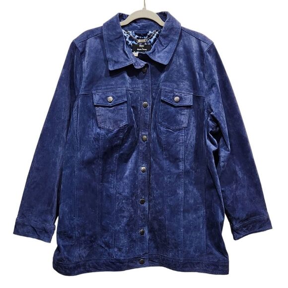 Dennis Basso Blue Washable Suede Button Front Trucker Jacket, 2X - Picture 1 of 10